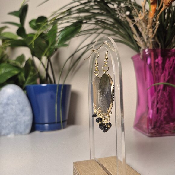 Upcycled Black & Gold Hoops w/ Black Agate and 18K Fishhook Earrings - Picture 3 of 5